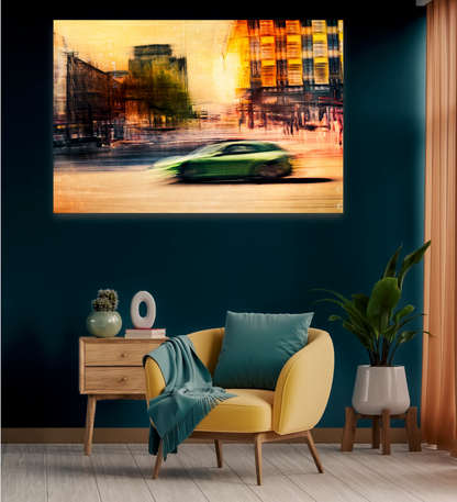 Automotive Limited Edition wall art print of a German Porsche Panamera sports car speeds through Oslo Majorstuen by Douglas Carr Photography