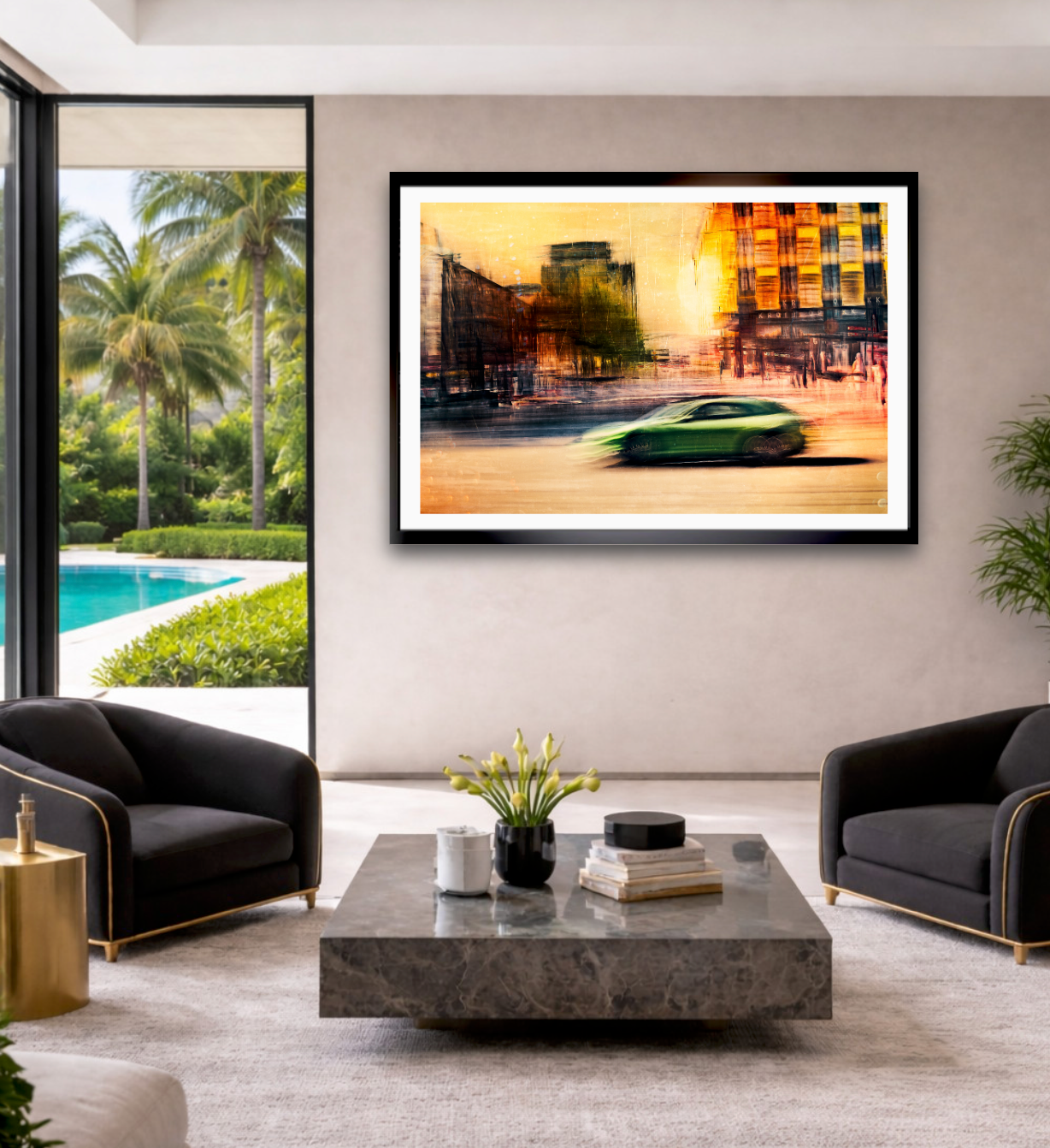 Automotive Limited Edition wall art print of a German Porsche Panamera sports car speeds through Oslo Majorstuen by Douglas Carr Photography