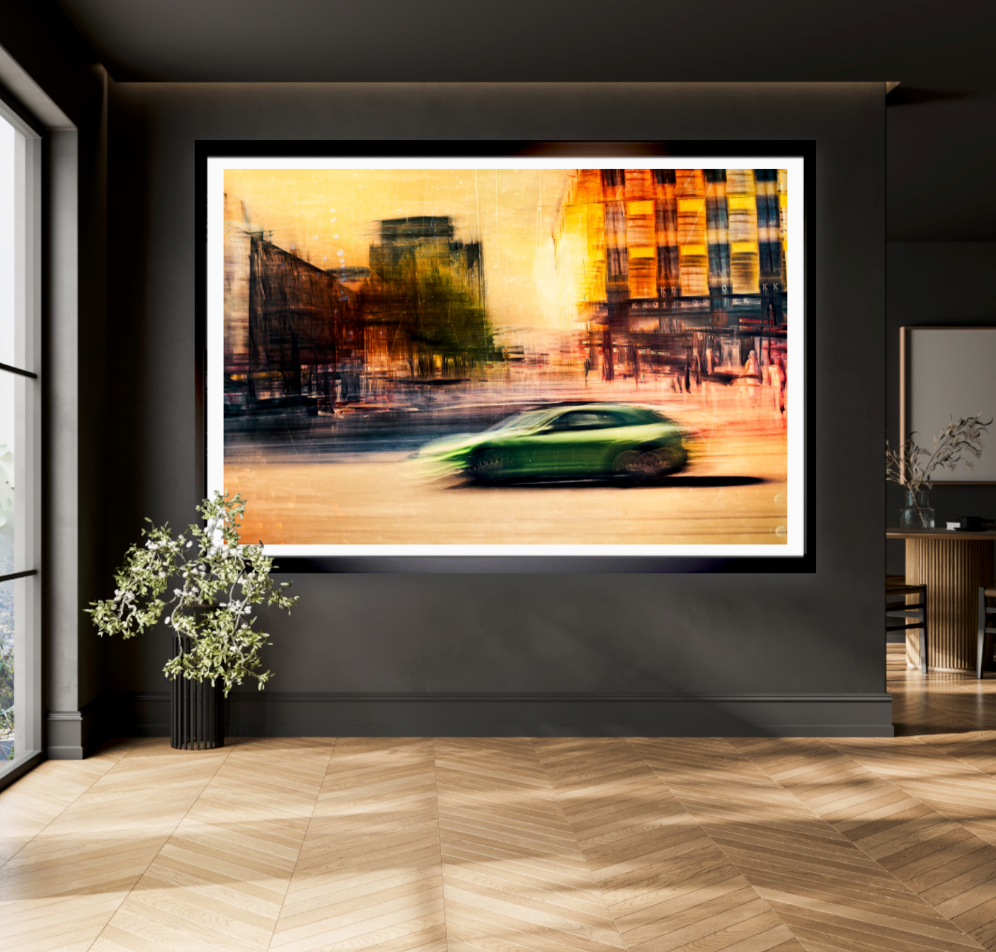 Automotive Limited Edition wall art print of a German Porsche Panamera sports car speeds through Oslo Majorstuen by Douglas Carr Photography