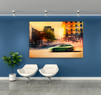 Automotive Limited Edition wall art print of a German Porsche Panamera sports car speeds through Oslo Majorstuen by Douglas Carr Photography