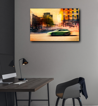 Automotive Limited Edition wall art print of a German Porsche Panamera sports car speeds through Oslo Majorstuen by Douglas Carr Photography