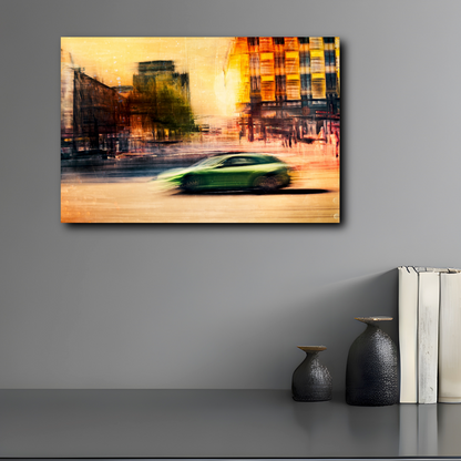 Automotive Limited Edition wall art print of a German Porsche Panamera sports car speeds through Oslo Majorstuen by Douglas Carr Photography